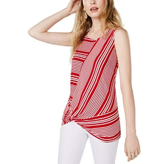INC Petite Striped Twist-Hem Top Real Red PS