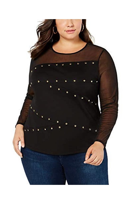 INC Plus Size Embellished Illusion Top Womens shirt MSRP $91 Black 1X