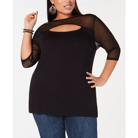 INC | Plus Size Illusion-Detail Top | Black | Size 0X Plus