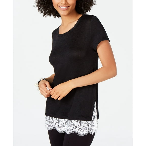 INC Short-Sleeve Lace-Trim Knit Top  Deep Black S