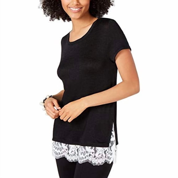 INC Short-Sleeve Lace-Trim Knit Top  Deep Black XL