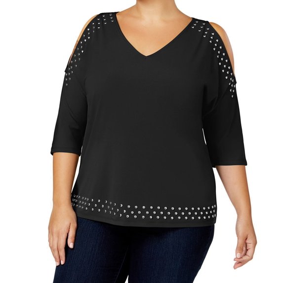INC Silver Womens Plus Studded Cold-Shoulder Top