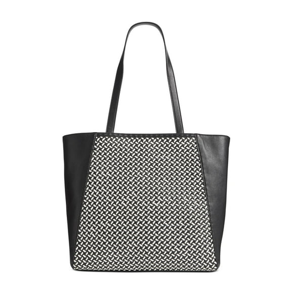 INC Women's Black Leather Woven Double Flat Strap Tote Handbag Purse