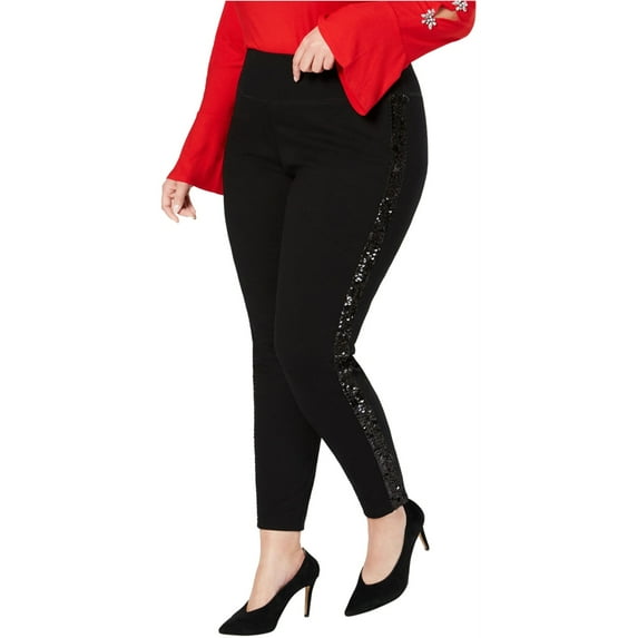 INC Women's Plus Size Sequin-Varsity-Stripe Ponte-Knit Pants Black Size 20W