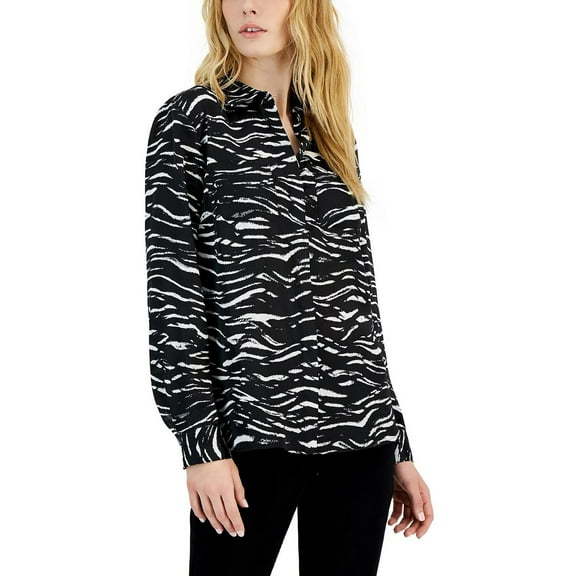 INC International Concepts Womens Printed Button Front Pocket Detail Top Talia Tiger White S