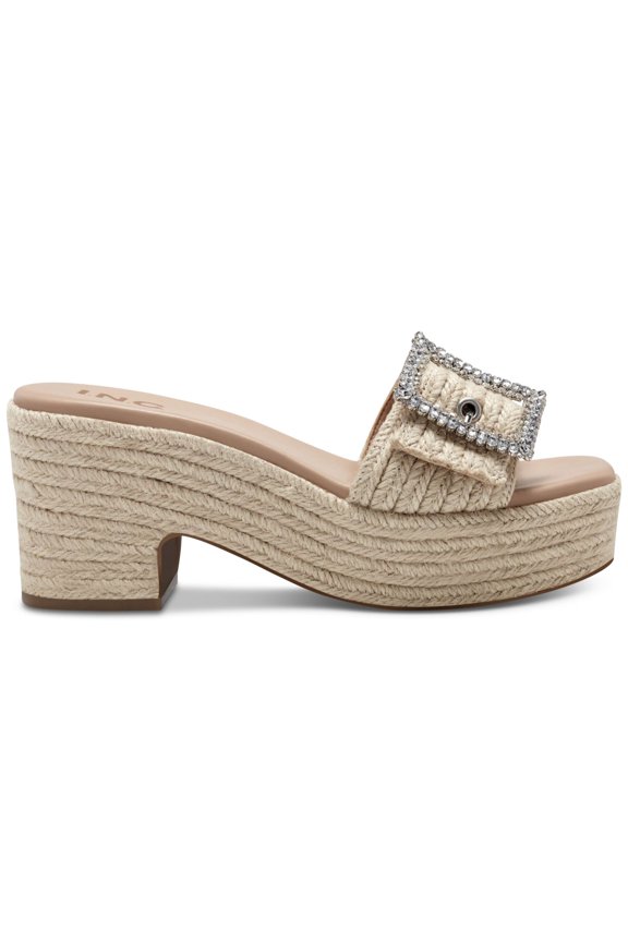 Womens Beige 1-1/2" Platform Buckle Accent Comfort Lixtey Square Toe Block Heel Slip On Espadrille Shoes 10 M