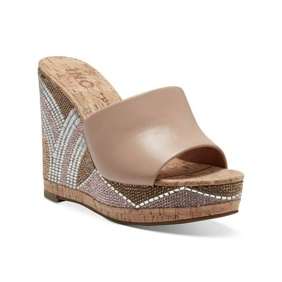 INC Womens Beige 1" Platform Embellished Goring Cadie Round Toe Wedge Slip On Heeled Sandal 5.5 M