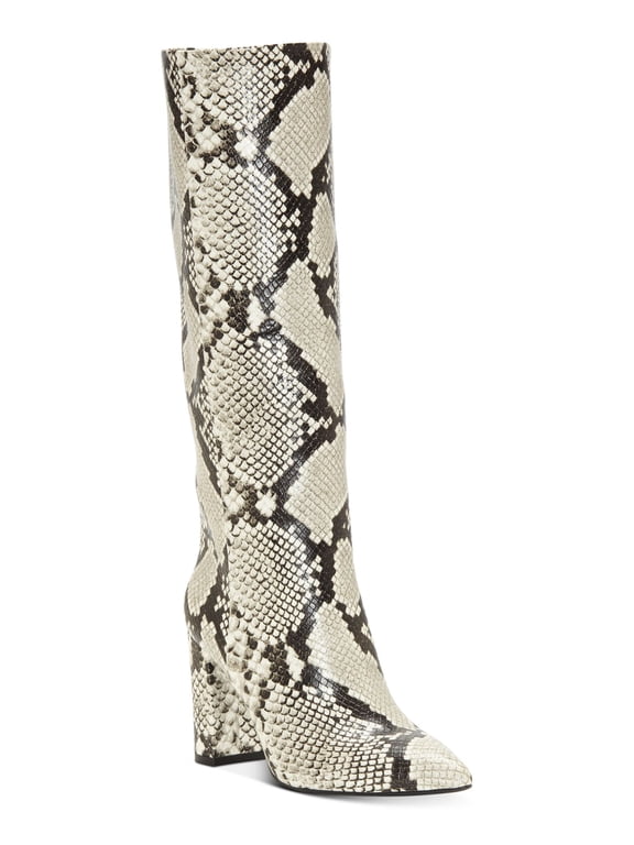 Womens Beige Animal Print Pointed Toe Block Heel Zip-Up Dress Boots 5