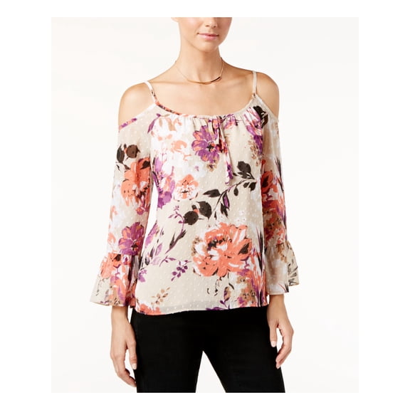 INC Womens Beige Floral Bell Sleeve Keyhole Top Size: 2