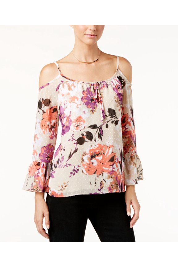 Womens Beige Floral Bell Sleeve Keyhole Top Size: 2