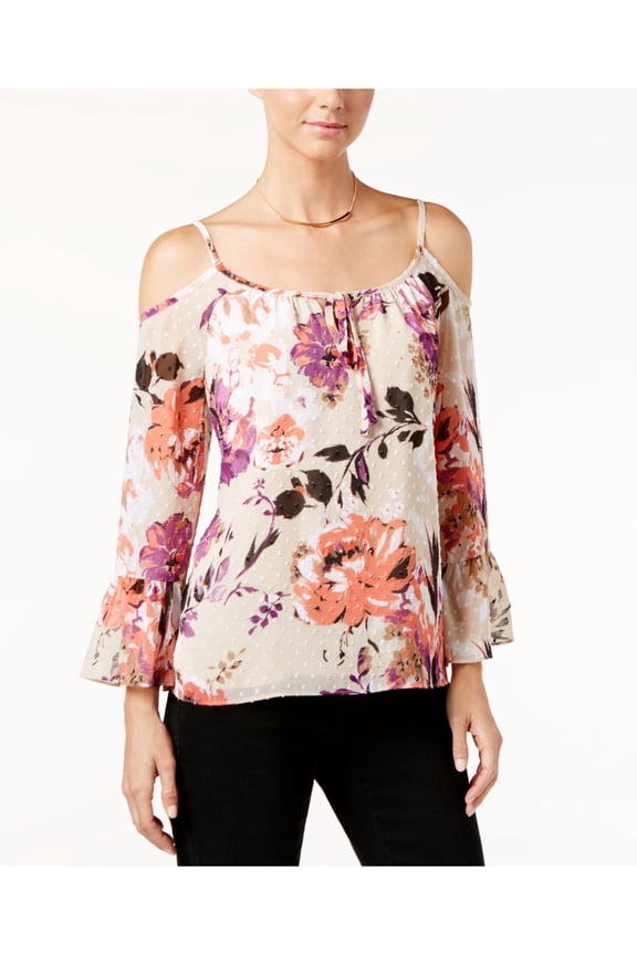 Womens Beige Floral Cutout Shoulder Long Sleeve Keyhole Top 10