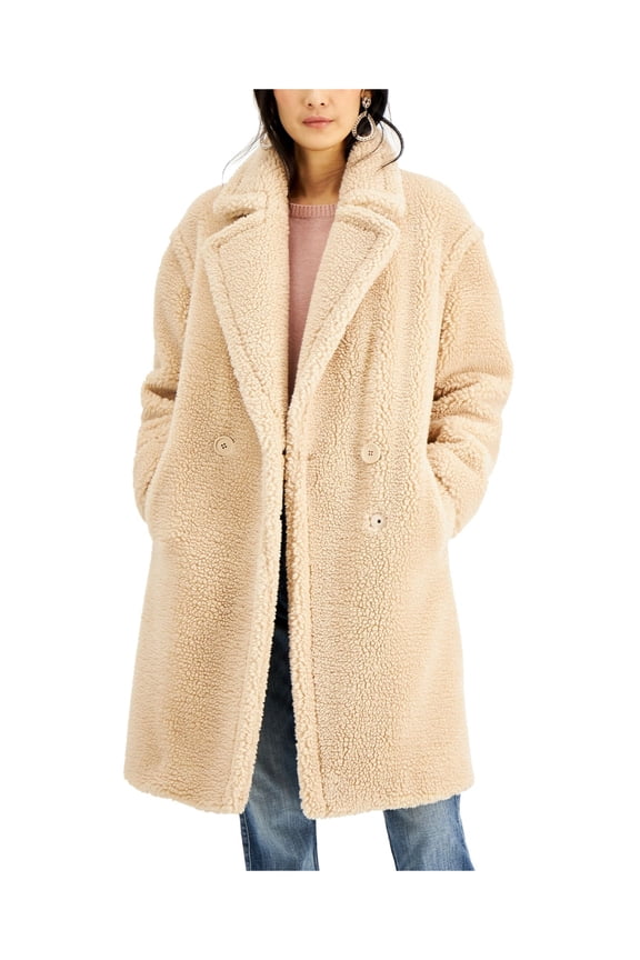 Womens Beige Fuzzy Button Down Winter Jacket Coat M