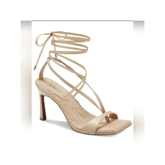 INC Womens Beige Padded Strappy Sawyer Square Toe Stiletto Lace-Up Dress Heeled Thong Sandals 9.5