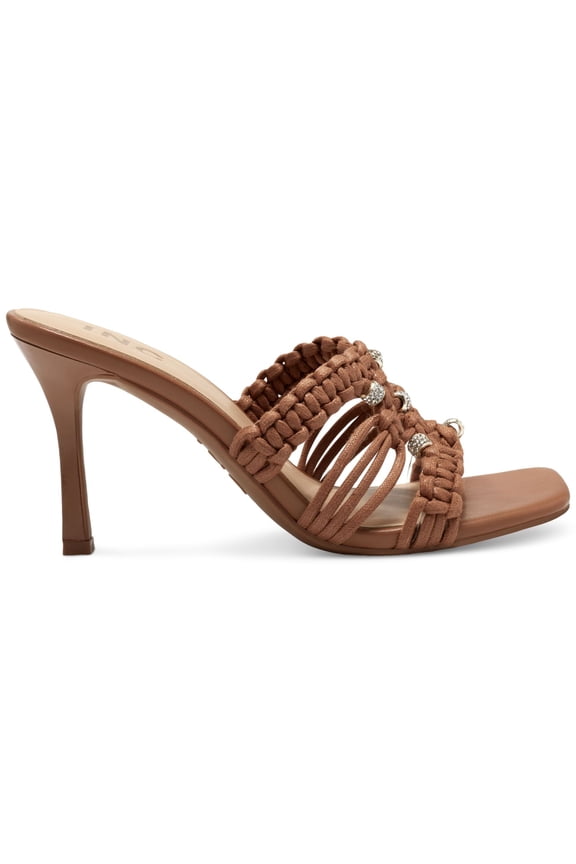 Womens Beige Woven Comfort Embellished Benda Square Toe Stiletto Slip On Heeled Sandal 10 M