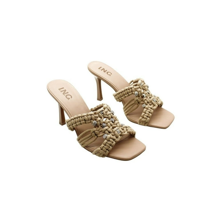 INC Womens Beige Woven Comfort Embellished Benda Square Toe Stiletto Slip  On Heeled Sandal 7 M 