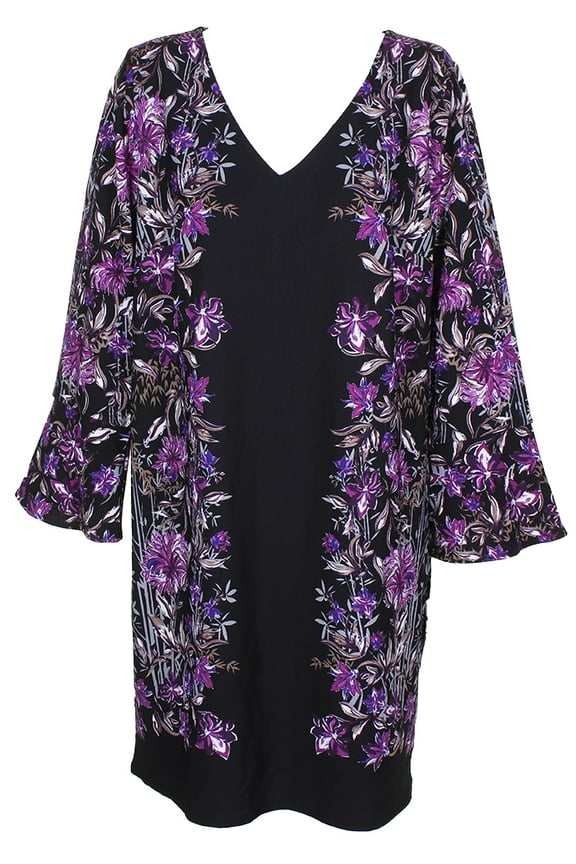 Womens Bell-Sleeve Pont Shift Dress (Bamboo Blossom,1X)