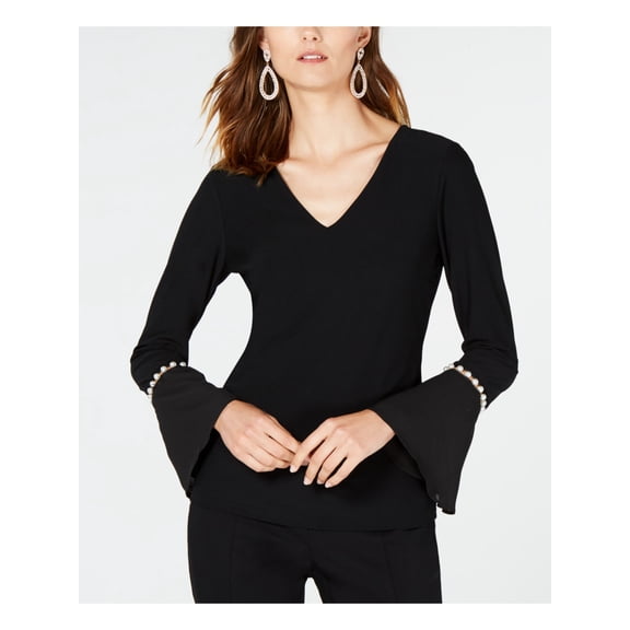 INC Womens Black Beaded Bell Sleeve V Neck Top Size: S