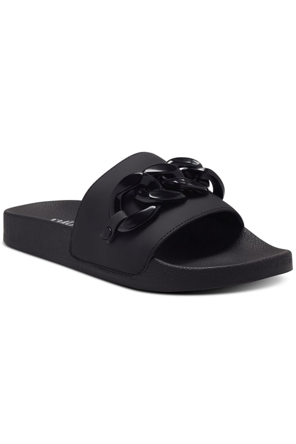 Womens Black Chain Detail Comfort Peymin Round Toe Platform Slip On Slide Sandals 6