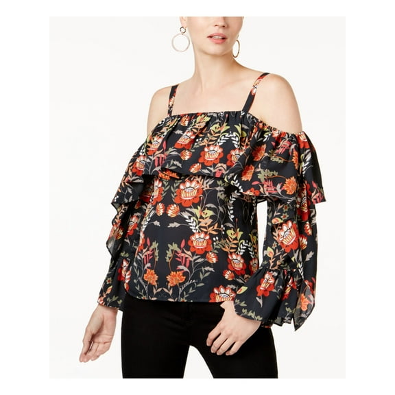 INC Womens Black Cold Shoulder Floral Long Sleeve Square Neck Top Size: S