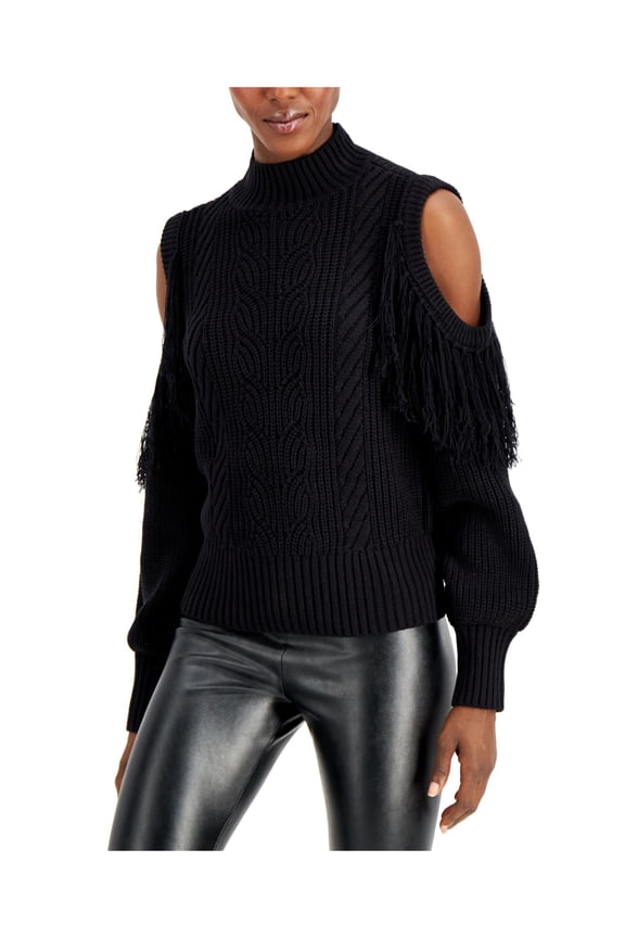 Womens Black Cold Shoulder Fringed Mock Neck Cable-knit Long Sleeve Sweater S