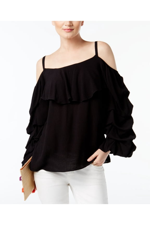 Womens Black Cold Shoulder Ruffled Pouf Square Neck Top S