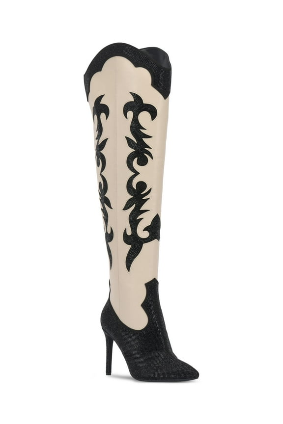 Womens Black Color Block Arch Support Cushioned Embellished Slip Resistant Iresa Pointed Toe Stiletto Zip-Up Cowboy Boots 5 M