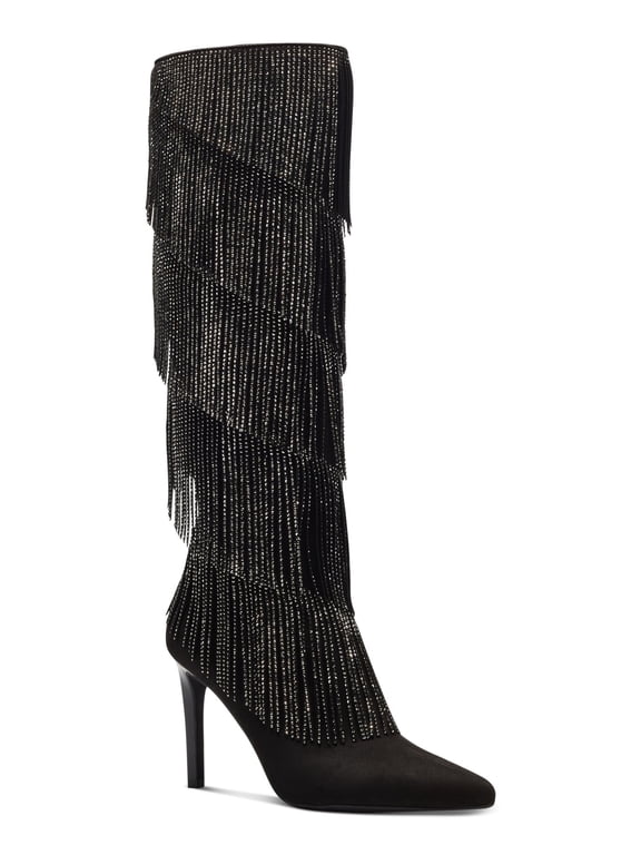 Womens Black Embellished Fringed Shyn Pointed Toe Stiletto Zip-Up Dress Boots 10 M