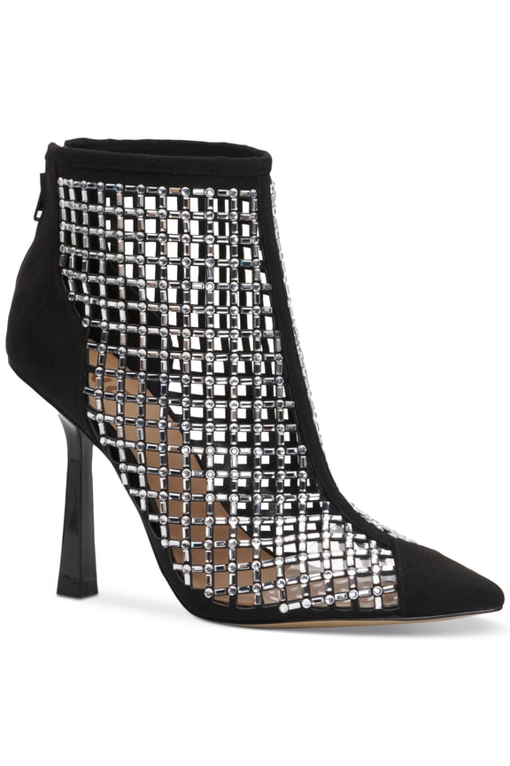 Womens Black Embellished Senalda Pointed Toe Stiletto Zip-Up Dress Booties 5 M