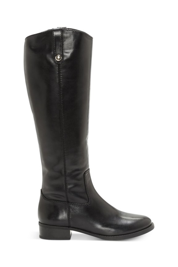 Womens Black Fawne Round Toe Stacked Heel Zip-Up Leather Riding Boot 5.5