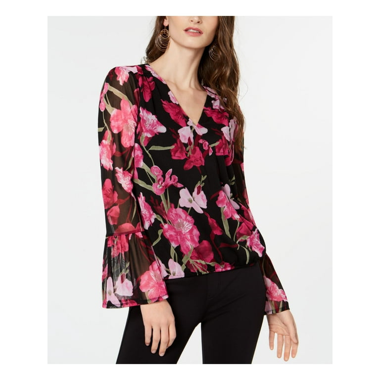 By Timo Women's Floral Bell 2024 Sleeve Top Blouse Black Size X-Small