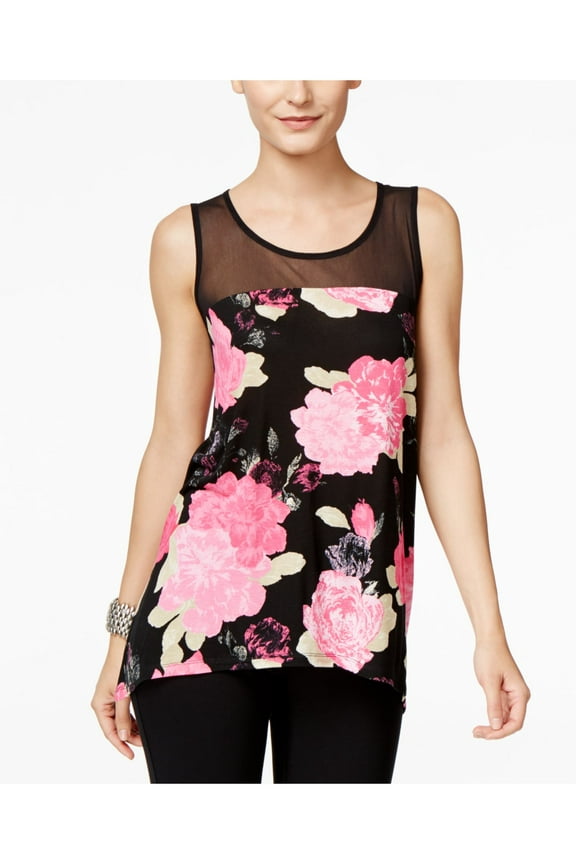 Womens Black Floral Sleeveless Jewel Neck Top Petites Size: S