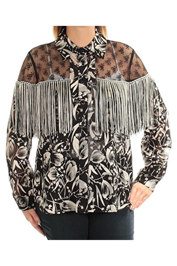 Womens Black Fringed Lace Floral Cuffed Collared Button Up Top Size: XL