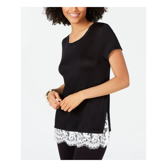 INC Womens Black Lace Short Sleeve Scoop Neck T-Shirt Top Size: L