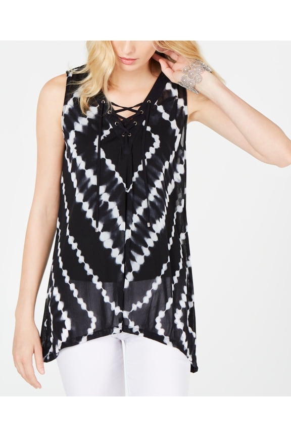 Womens Black Lace Up Printed Sleeveless V Neck Trapeze Top XS