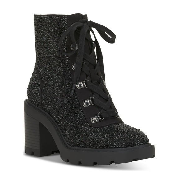 INC Womens Black Lace Up Treaded Lug Sole Rhinestone Shada Round Toe Zip-Up Booties 7.5 M