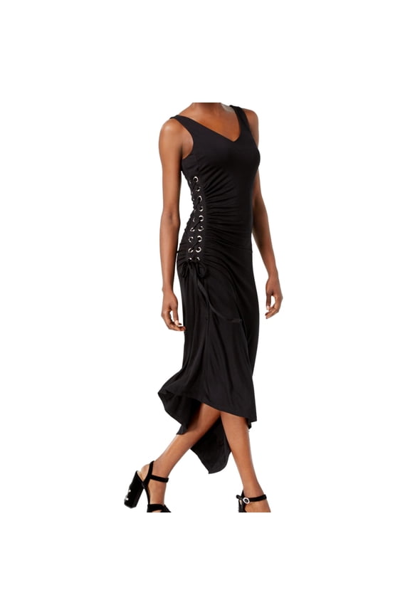 Womens Black Lace-up Asymmetrical Sleeveless V Neck Midi Evening Dress  Size: S