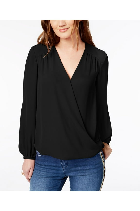 Womens Black Long Sleeve V Neck Hi-Lo Top Size: XS