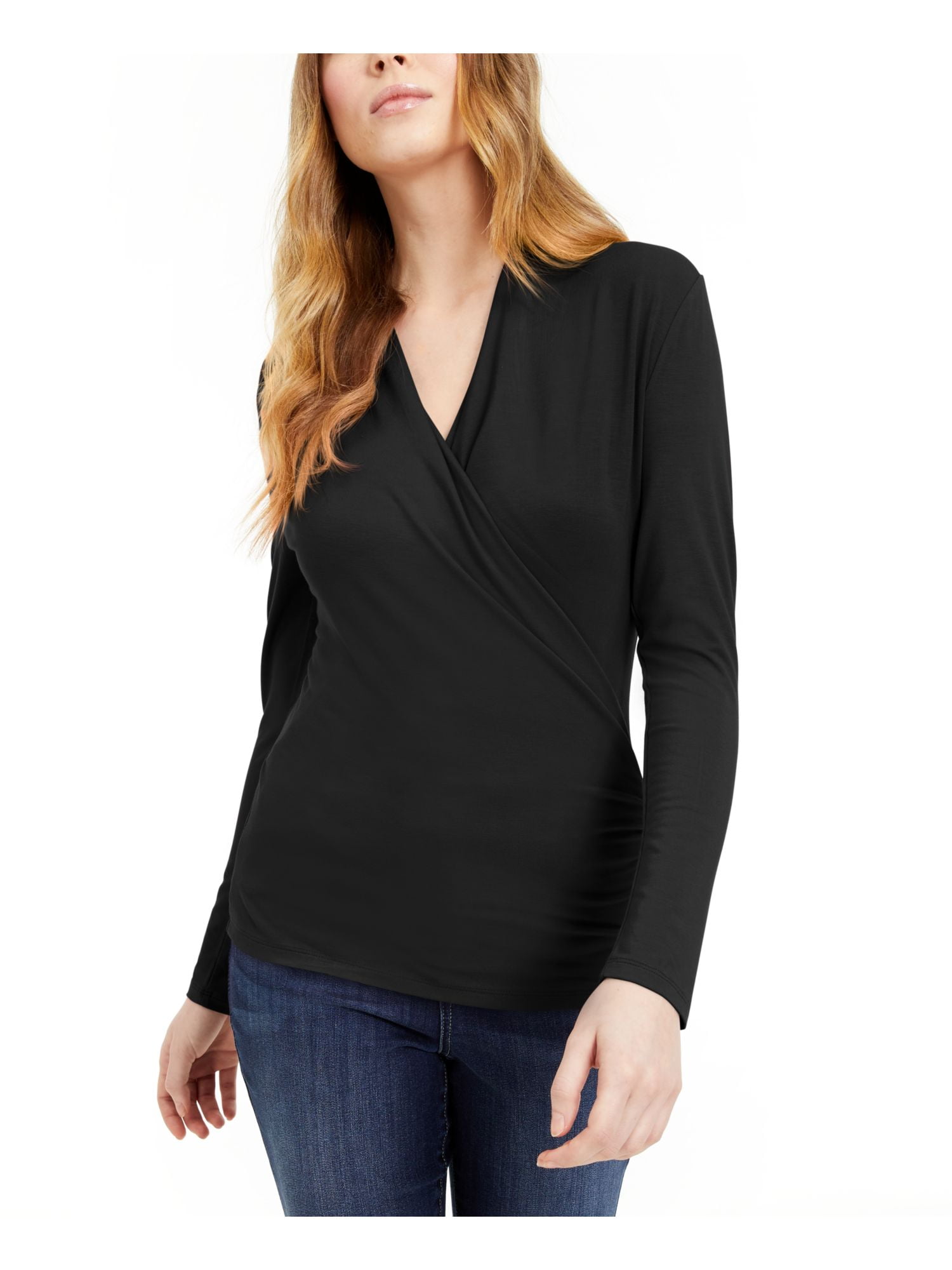 INC Womens Black Long Sleeve V Neck Wrap Top Size M