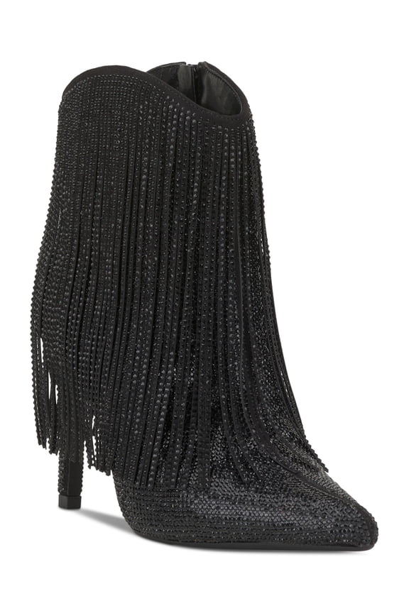 Womens Black Long Tassel Accents Rhinestone Padded Sahoj Pointed Toe Stiletto Zip-Up Western Boot 6 M