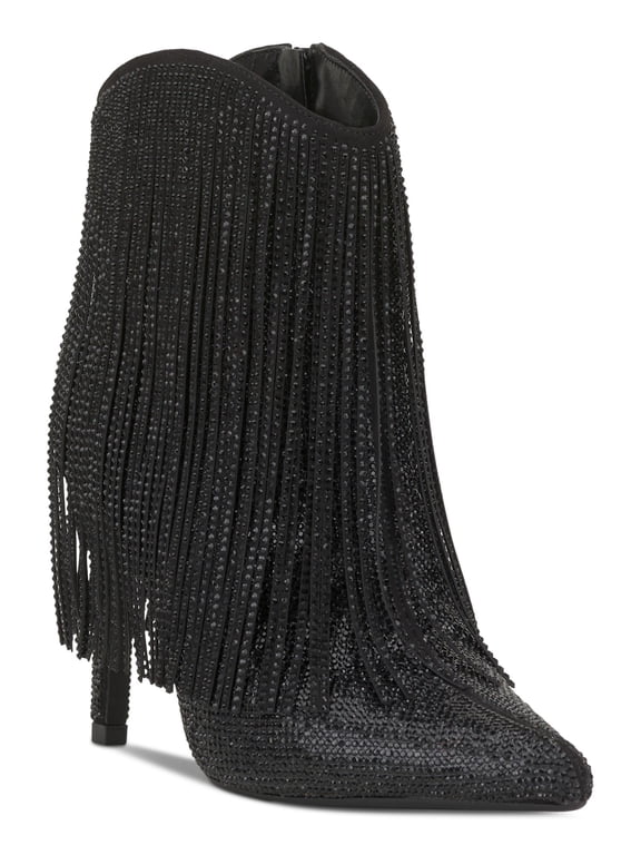 Womens Black Long Tassel Accents Rhinestone Padded Sahoj Pointed Toe Stiletto Zip-Up Western Boot 6 M