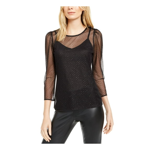 INC Womens Black Mesh Speckle Long Sleeve Jewel Neck Evening Top XS