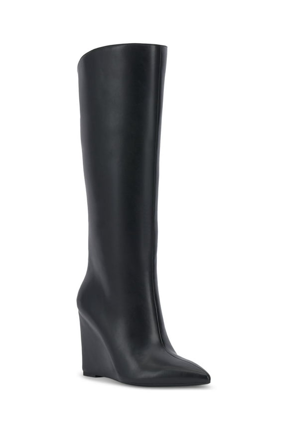 Womens Black Padded Goring Appile Pointed Toe Wedge Zip-Up Dress Boots 7.5 M