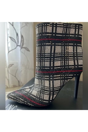 Womens Black Plaid Rhinestone Comfort Reisa Pointed Toe Stiletto Zip-Up Dress Booties 5 M