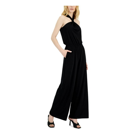 INC Womens Black Pocketed Lined Wide Leg Pull-on Sleeveless Halter Party High Waist Jumpsuit L