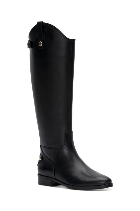 Womens Black Pull Tabs Goring Snap Details Asymmetrical Cushioned Aleah Round Toe Stacked Heel Zip-Up Leather Riding Boot 5 M