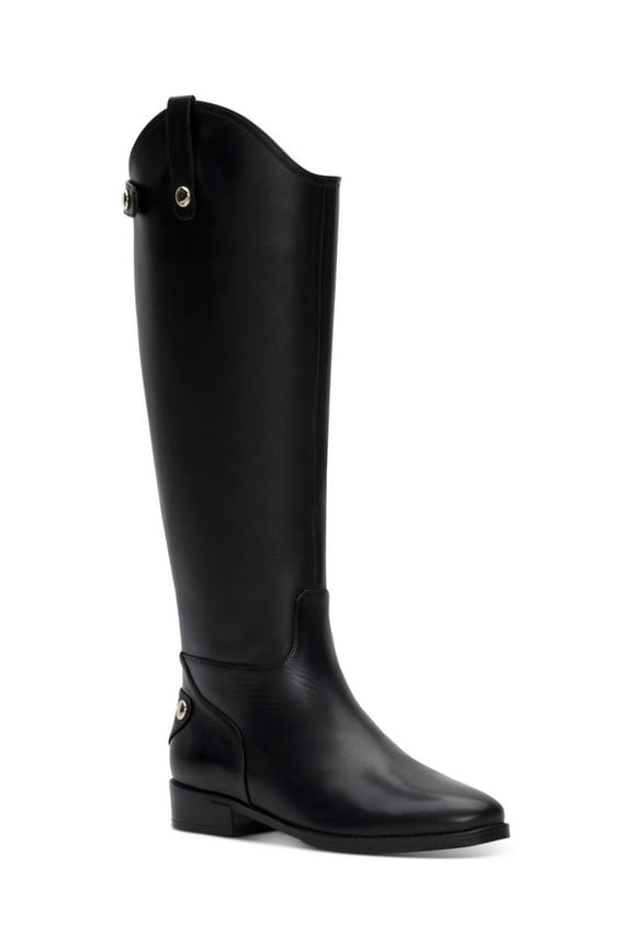 Womens Black Pull Tabs Goring Snap Details Asymmetrical Cushioned Aleah Round Toe Stacked Heel Zip-Up Leather Riding Boot 6 M