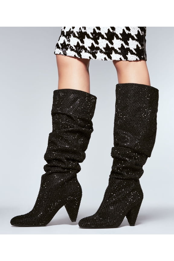 Womens Black Rhinestone Rozario Almond Toe Cone Heel Dress Slouch Boot 6 M