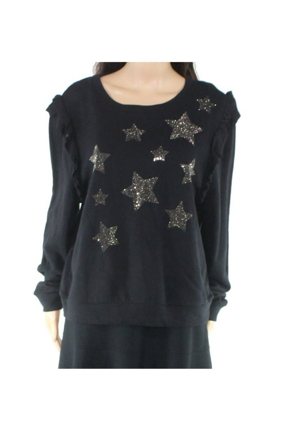 Womens Black Ruffled Embellished Stars Printed Long Sleeve Top M