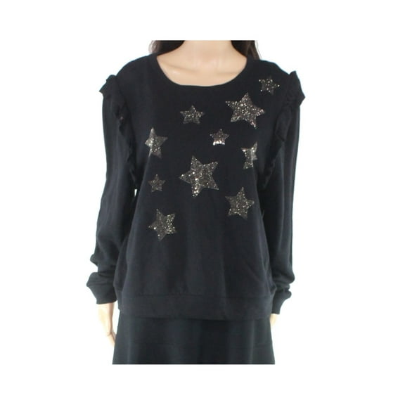 INC Womens Black Ruffled Embellished Stars Printed Long Sleeve Top M