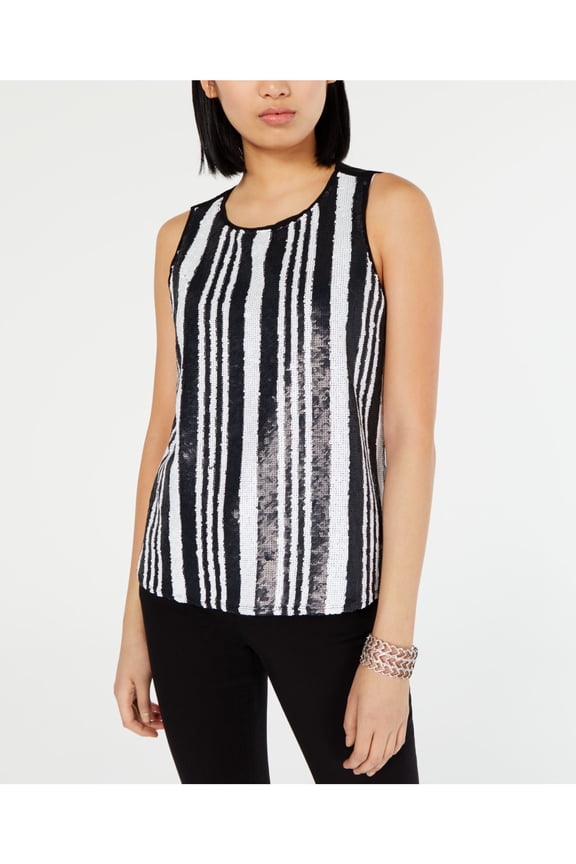 Womens Black Sequined Striped Sleeveless Jewel Neck Top M